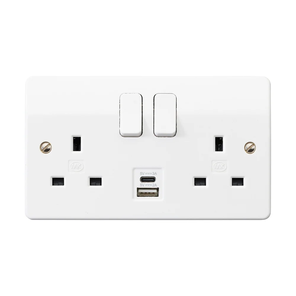 MK Logic Plus 13A 2-Gang Switched Socket with USB-A + USB-C — product photo