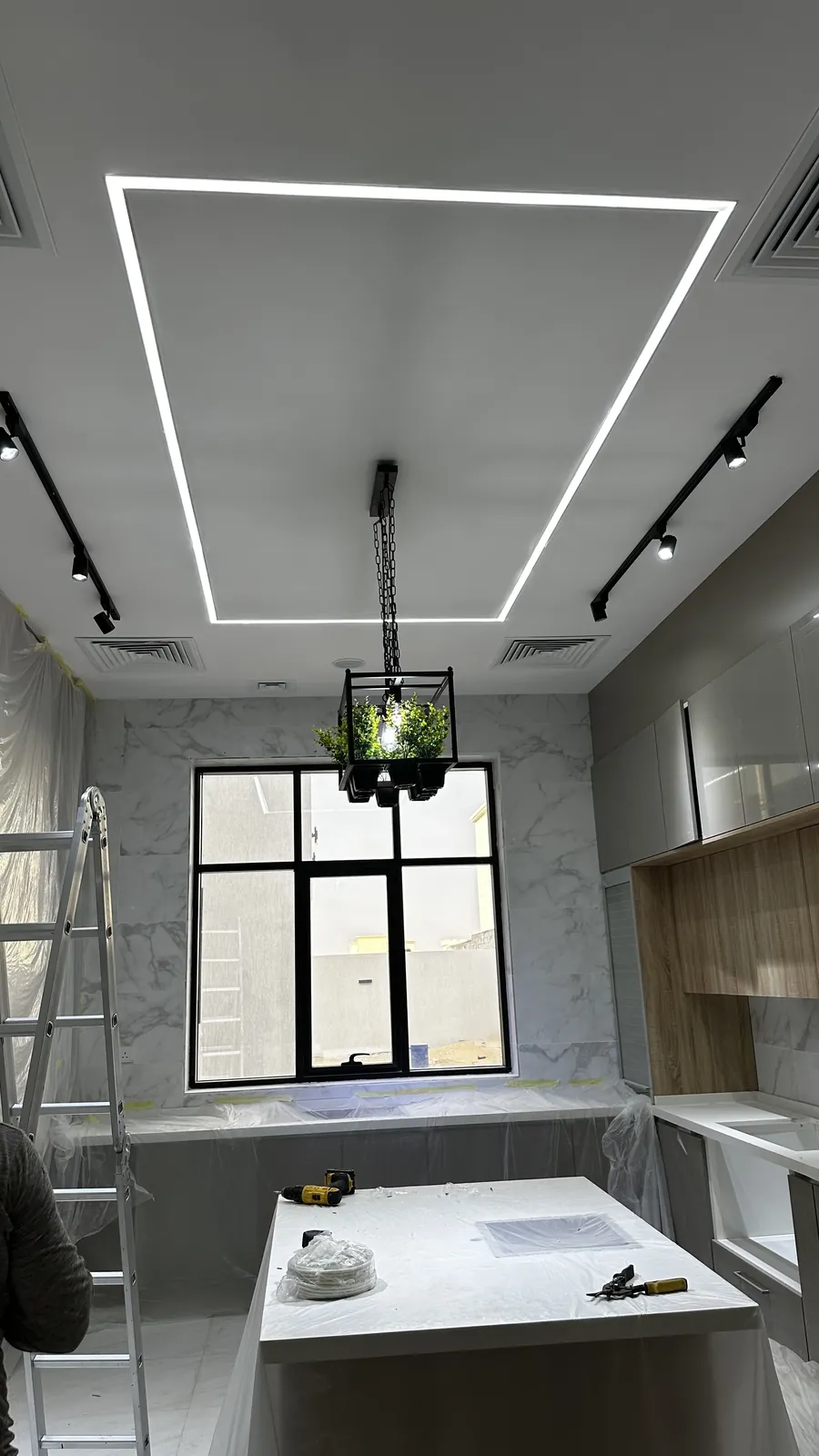 Kitchen recessed white rectangular linear lighting